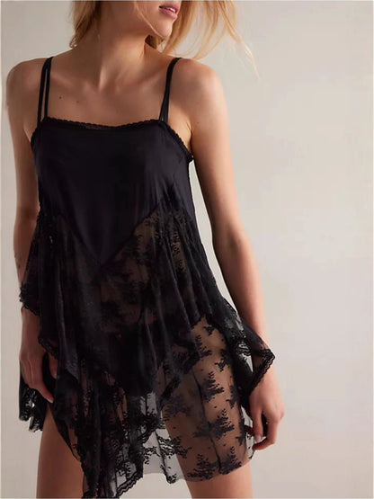 Women Lace Trim Satin Camisole Top Silky Spaghetti Strap V Neck Cami Top Flowy Asymmetrical Going Out Tank Tops