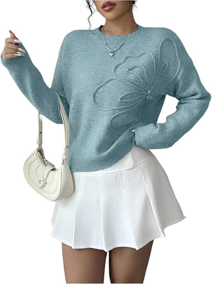 Women's 3D Floral Appliques Crewneck Sweaters Long Sleeve Drop Shoulder Pullovers Elegant Knit Tops