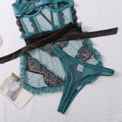 Sexy Color-Block Mesh See-Through Lingerie Hollow Out Backless No-Remove Temptation Erotic Bodysuit with Underwire