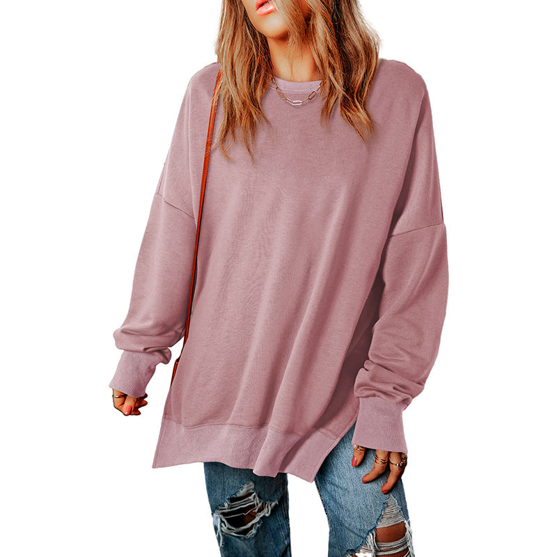 Autumn New Pure Color round-Neck Pullover Women's European and American Leisure Style All-Match Super Long Flab Hiding Long-Sleeved Top for Women