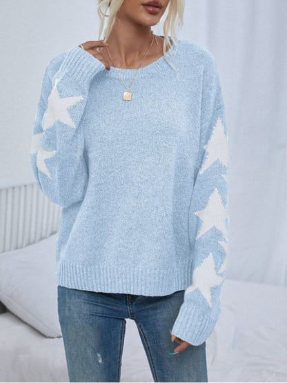 Fashion Solid Color Five-Pointed Star Sweater Crew Neck Pullover Autumn Winter Women's Knitwear