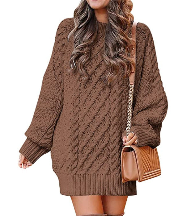 European and American Women's Clothing round Neck Long Sleeve Large Profile Twisted Knitted Thick Needle Pullover Mid-Length Warm Sweater for Women Dress