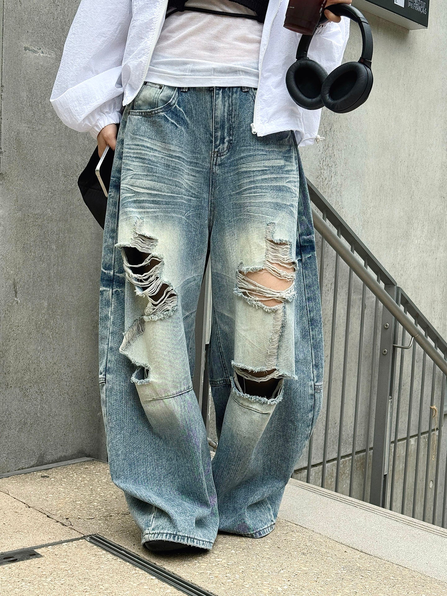 Women's Distressed Ripped Wide Leg Jeans High Waist Baggy Denim Pants Streetwear Y2K Casual Summer Outfit