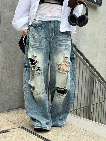 Women's Distressed Ripped Wide Leg Jeans High Waist Baggy Denim Pants Streetwear Y2K Casual Summer Outfit