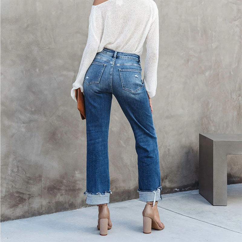 Women's High Waist Straight Leg Jeans - Distressed Detail - Cuffed Hem