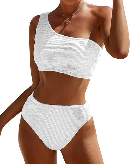 Women One Shoulder Bikini Set High Waisted Tummy Control Full Coverage Swimsuit Ribbed 2 Piece Bathing Suit 2025 - Seldom Seen Styles