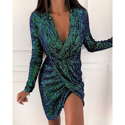 Women's Beaded Dress Long Sleeve V Collar Mini Skirt Dress