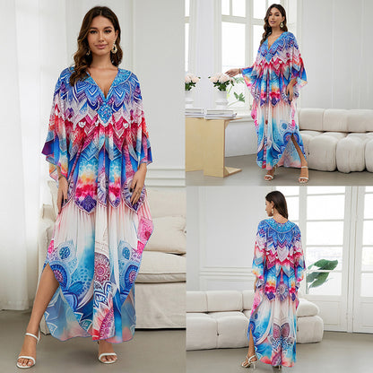 [Plus Size] Butterfly/feather Print Ruched Split Hem Tunic Dress, Valentine's Day Elegant Batwing Sleeve V Neck Long Dress for Summer, Casual Womenswear, Gift, Homecoming Dresses, Women's Clothes for Beach Holiday Vacation, Moo Moo Dresses