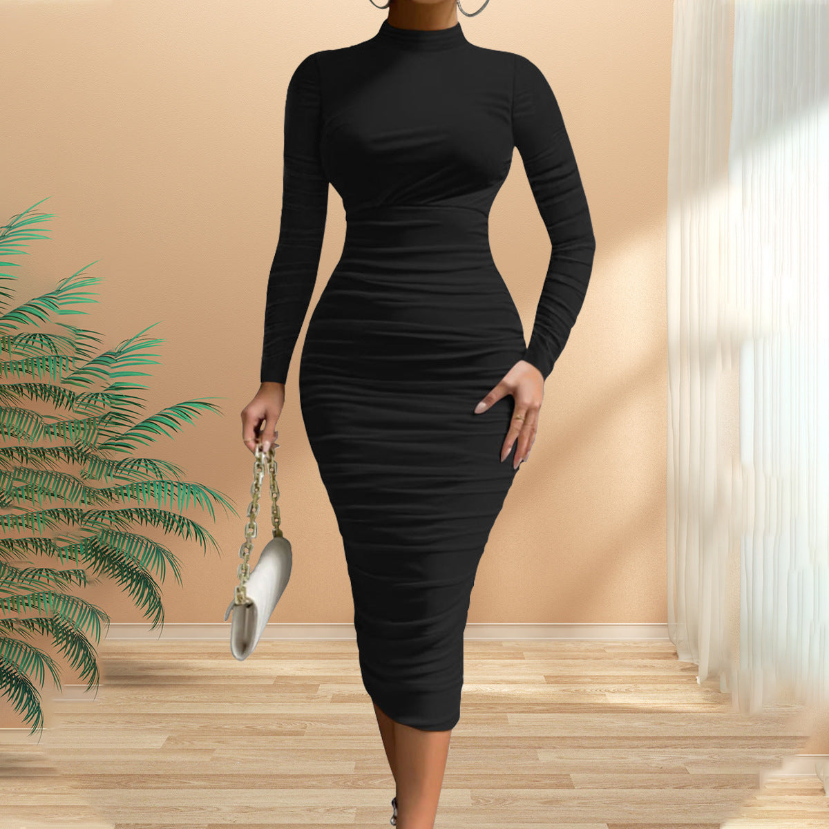 Women's Cocktail Bodycon Long Sleeve Mock Neck Mesh Ruched Midi Party Dress Formal Womenswear - Seldom Seen Styles