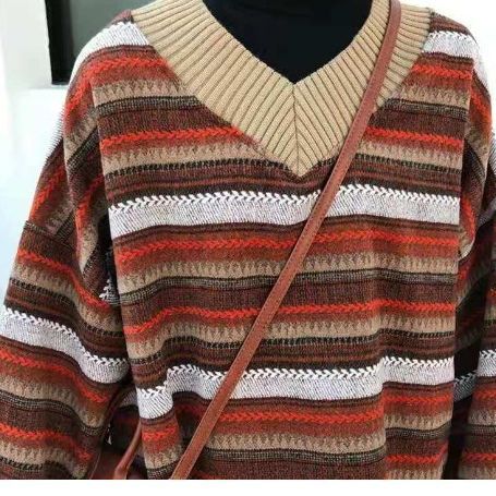 2023Female Student Korean Style Autumn and Winter New Striped Contrast ColorvCollar Idle Style Pullover Loose High-End Sweater for Women