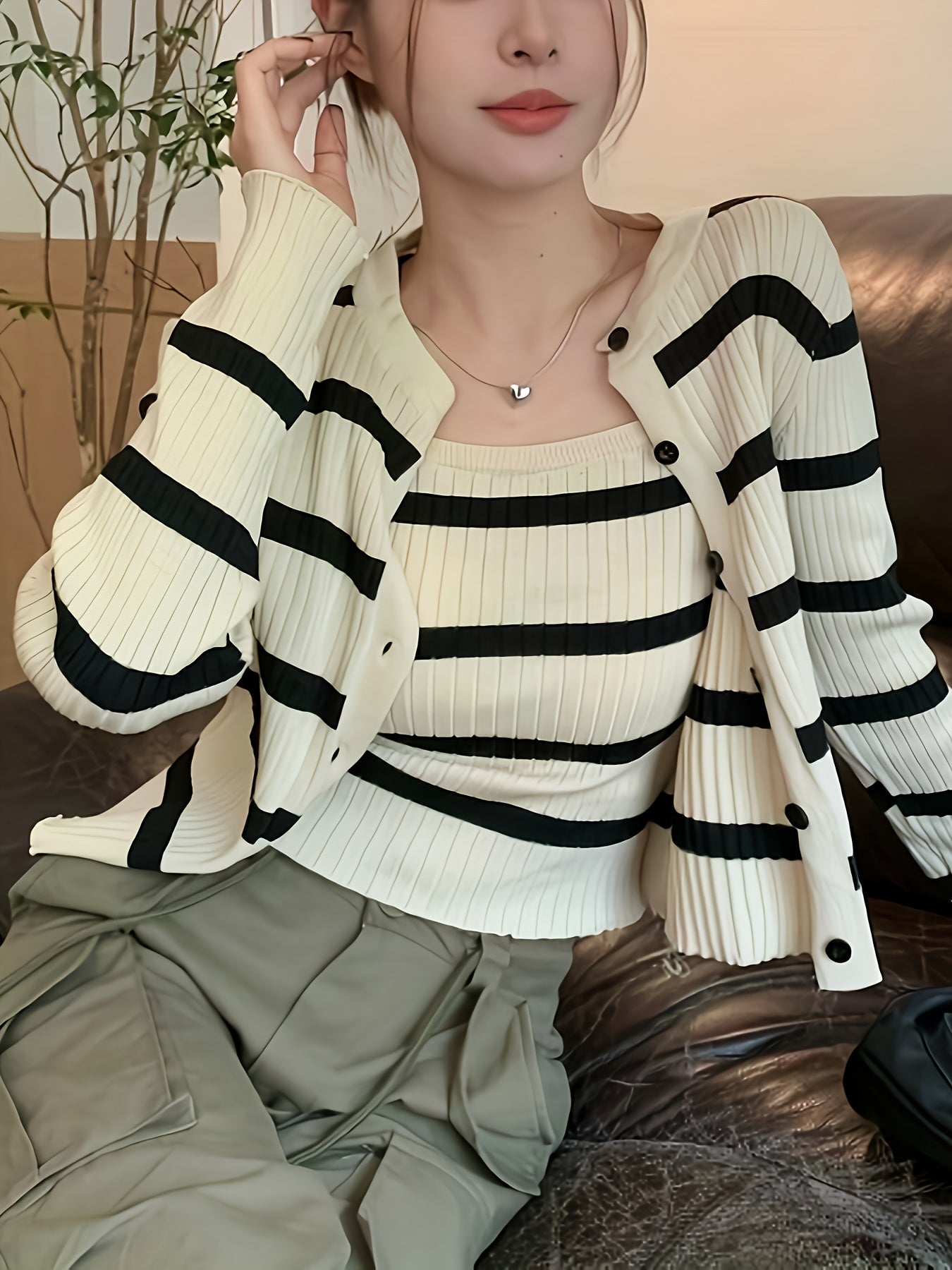 Versatile & Stylish Striped Top Set, Button Front Long Sleeve Cardigan & Slim Fit Cami Top, Women's Clothing