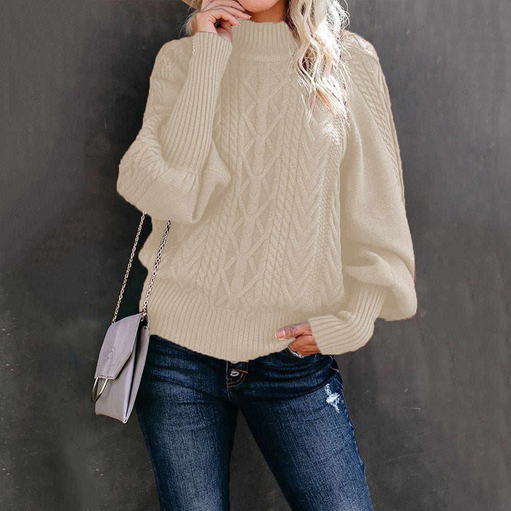 wish2023Winter New Mid-Neck Sweater Women's Amazon Foreign Trade Loose Long-Sleeved Knitted Solid Color Sweater