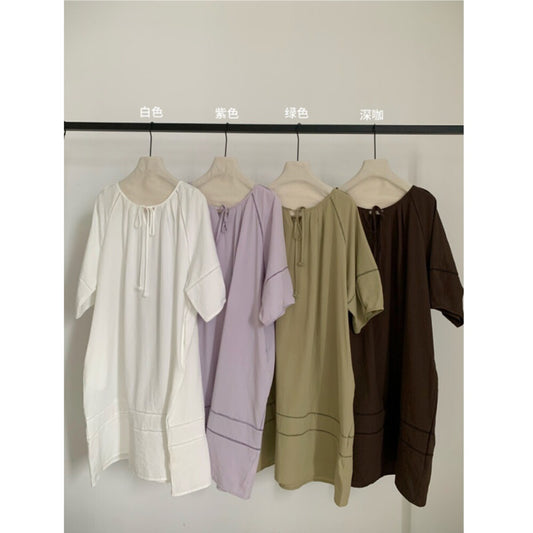 Solid Color Short Sleeve Drawstring Neck Loose Midi Dress Casual Oversized Summer Dress with Pockets - Seldom Seen Styles