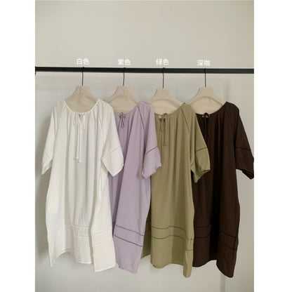 Solid Color Short Sleeve Drawstring Neck Loose Midi Dress Casual Oversized Summer Dress with Pockets