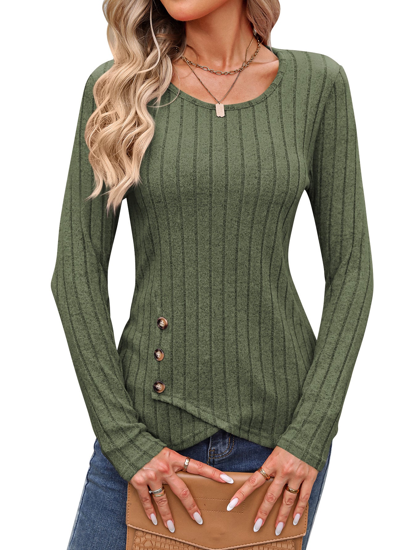 Sweaters for Women Fashion Long Sleeve Tops Button Pullover Crew Neck Casual Loose Slit Sweatshirt - Seldom Seen Styles