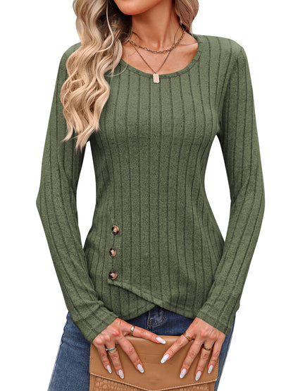 Sweaters for Women Fashion Long Sleeve Tops Button Pullover Crew Neck Casual Loose Slit Sweatshirt