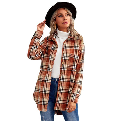 Europe and America Cross Border Women's Clothing2022Autumn and Winter Thickening Lapel Long Sleeve Loose Shirt Jacket Plaid Shirt for Women