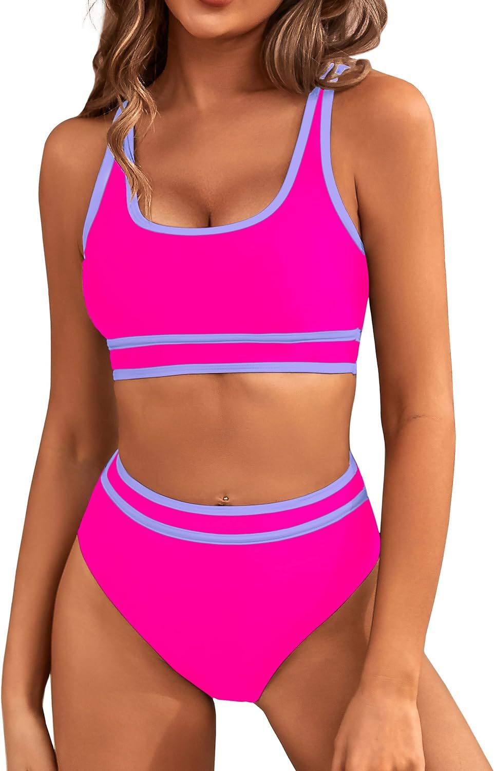 Women's High Waisted Bikini Sets Sporty Two Piece Swimsuits Color Block Cheeky High Cut Bathing Suits - Seldom Seen Styles