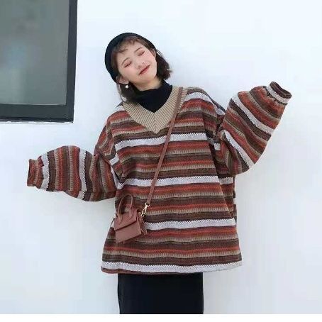 2023Female Student Korean Style Autumn and Winter New Striped Contrast ColorvCollar Idle Style Pullover Loose High-End Sweater for Women