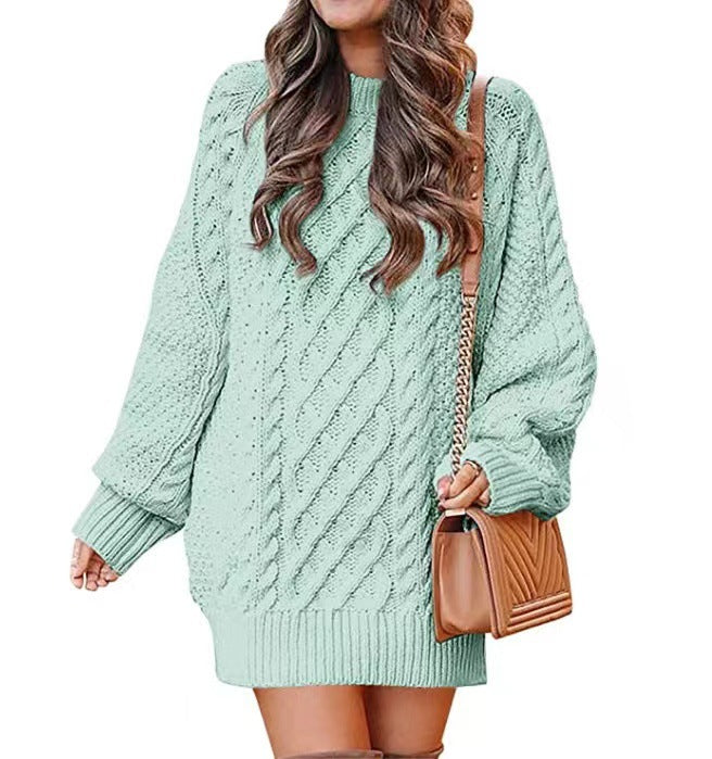 European and American Women's Clothing round Neck Long Sleeve Large Profile Twisted Knitted Thick Needle Pullover Mid-Length Warm Sweater for Women Dress