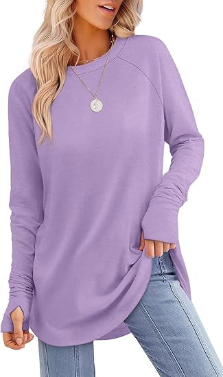 Womens Tunic Tops to Wear with Leggings Long Sleeve Thumb Hole Shirts Crew Neck Curved Hem - Seldom Seen Styles