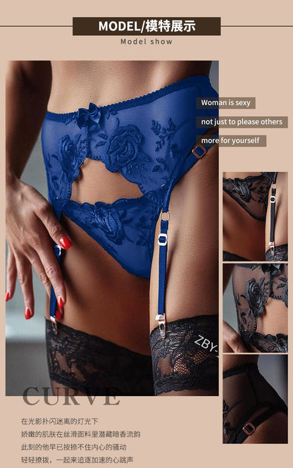 Women Floral Lace Garter Belt and G-String Set Plus Size Mesh Suspender Belt Sexy Embroidered Garter for Stockings