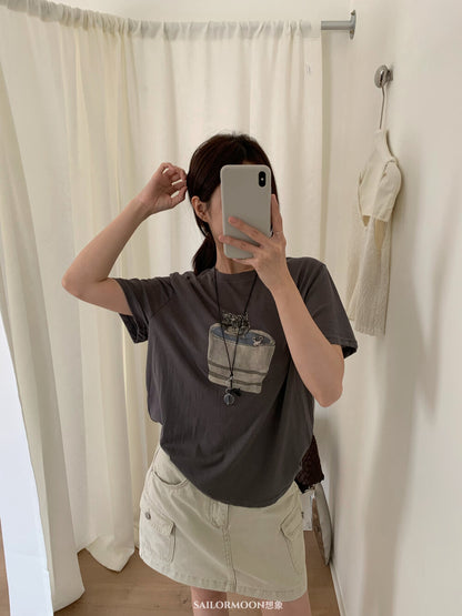 Vintage Katzen-T-Shirt mit Grafik – Süßer Kätzchen-Print, lockere Passform, lässiger Stil im Korea-Look