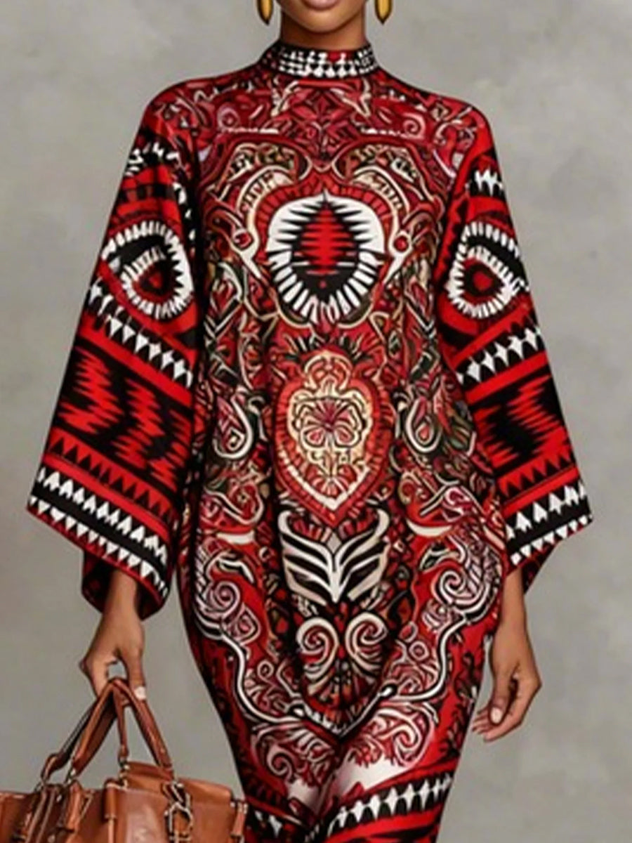 Flared Sleeves Long Sleeves Contrast Color Flower Print Geometric Split-Joint Round-Neck Midi Dresses - Seldom Seen Styles