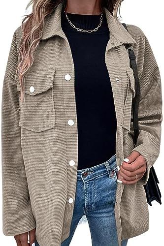 Astylish Damen Shacket-Jacke mit Waffelstrick, lang, übergroß, lässige Blusen, Button-Down-Kragen, elegante Hemden 