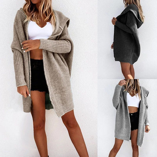 New Solid Color Casual Sweater Women's Autumn and Winter Loose Hooded Knit Cardigan Mid-Length Coat