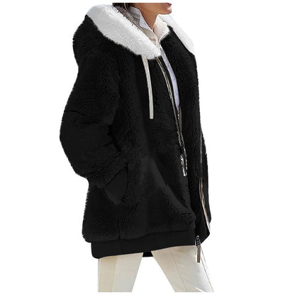 Cross-Border Amazon Hot Europe and America2023Autumn and Winter Loose Plush Long Sleeve Zipper Pocket Hooded Warm Jacket Women