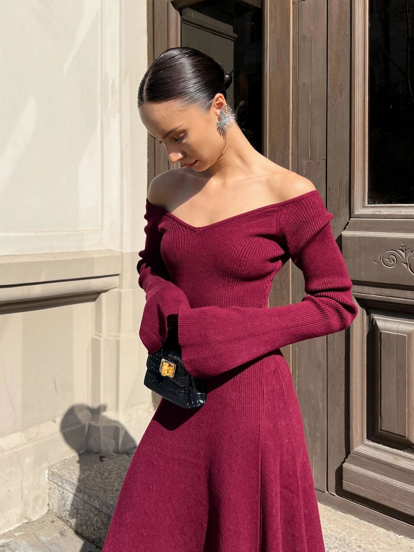 off-Shoulder Dress Woolen Skirt Sexy Knitted Dress Long Sleeve Short Dress Thickened A- line Europe and America Cross Border Autumn and Winter Skirt