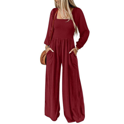 Women's Plain Ruched Shirred Pocket Wide Leg Jumpsuit, Casual Bishop Sleeve Square Neck Jumpsuit for Spring & Fall, Ladies Clothes for Daily Wear