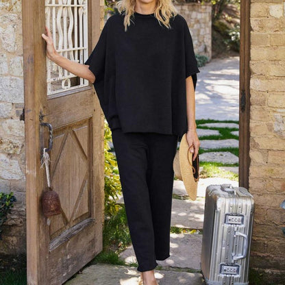 Songling Women Casual Two Piece Outfits 3/4 Batwing Sleeve Capelet CrewNeck Pullover Top Wide Leg Pants Lounge Sets Sweatsuit