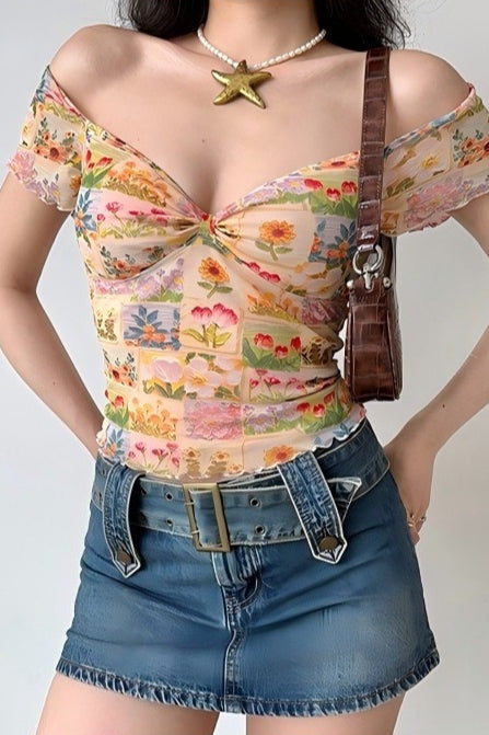 Floral Mesh Slim V Neck Tube Blouse - Seldom Seen Styles