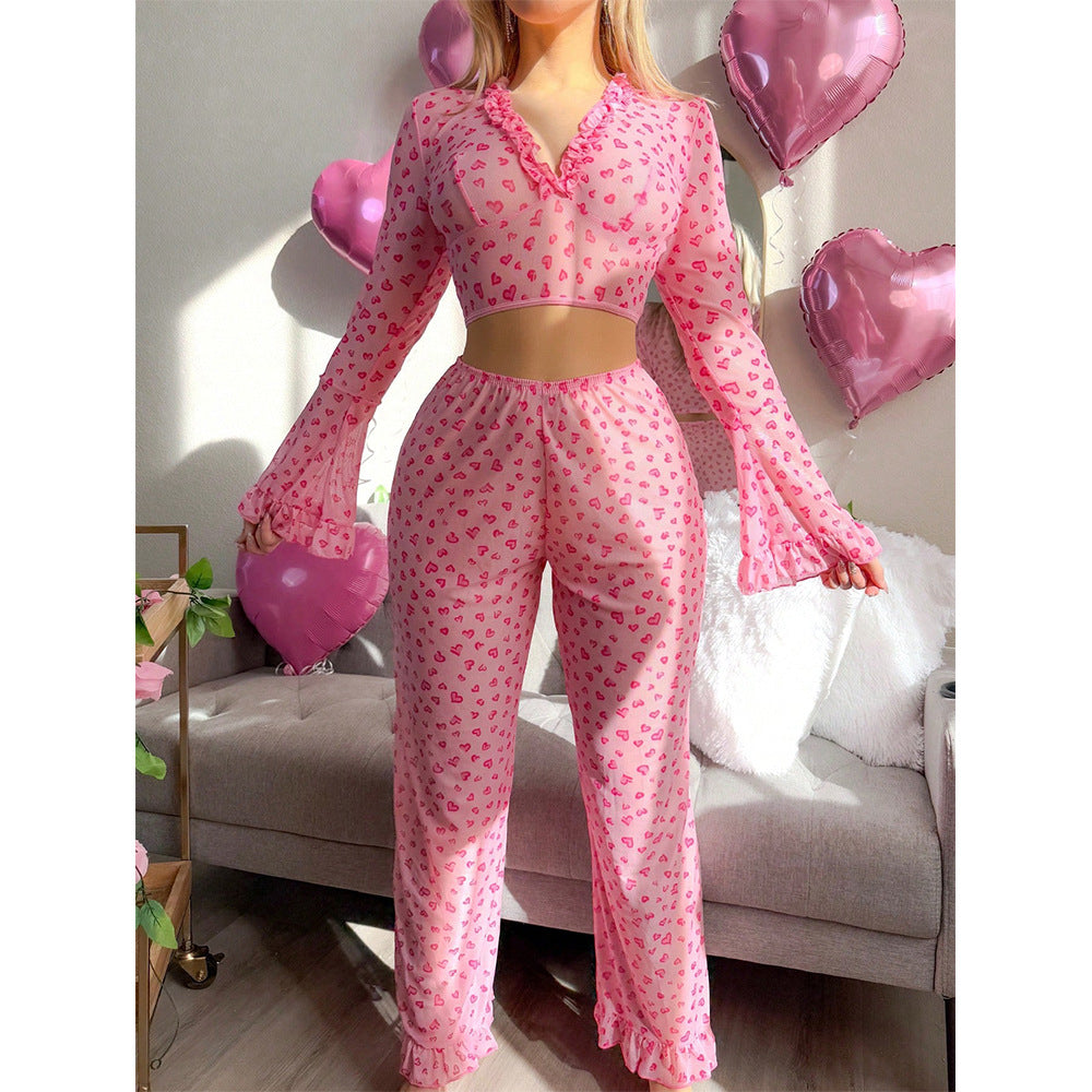 Women's 2 Piece Sheer Mesh Pajama Set Heart Print Deep V Neck Long Sleeve Sleepwear Pants Pjs Sets - Seldom Seen Styles