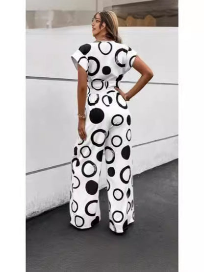 2024Cross-Border European and American New Amazon Fashion Elegant CasualVCollar High Waist Print Wide Leg Belt Jumpsuit