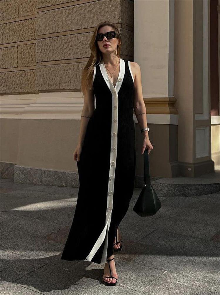 V-neck Sleeveless Single-Breasted Knitted Dress Tight European and American Midi Dress Contrast Color Cardigan Sexy Summer Dress 2024