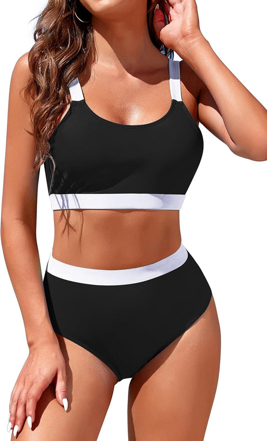 Womens High Waisted Bikini Sets Sporty Crop Top Color Block Swimwear Bandeau Scoop Neck Vintage Two Piece Bathing Suits - Seldom Seen Styles