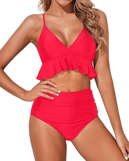 Women Two Piece Swimsuits High Waisted Bikini Set Ruffle Flounce Tummy Control Bottoms Bathing Suit - Seldom Seen Styles