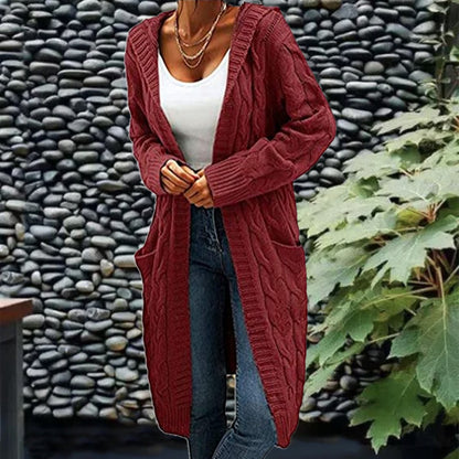 Women's Pocket Drop Shoulder Cardigan, Hooded Long Sleeve Warm Top, Casual Textured Knit Open Front Cable Outwear, Sweaters for Women