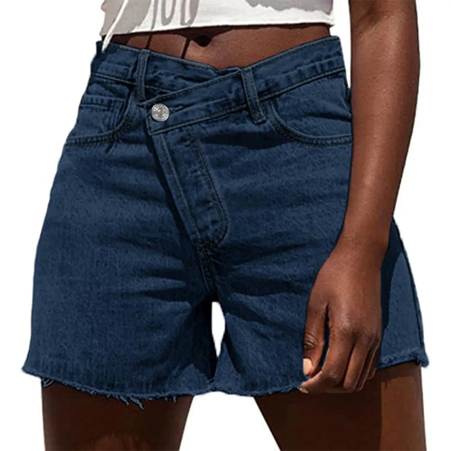 Genleck Women Crossover High Waisted Jeans Shorts Stretchy Casual Denim Shorts Boyfriend Summer Womenswear Streetwear Bottom Fit Ripped Style Chic - Seldom Seen Styles