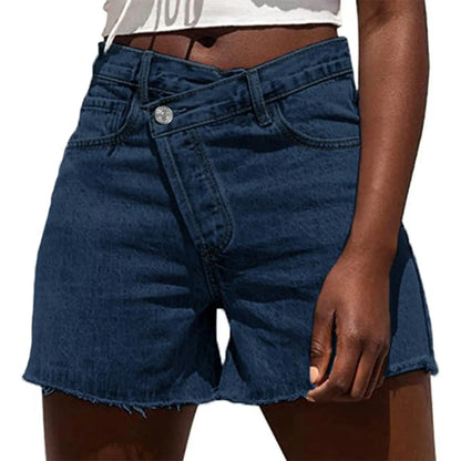 Genleck Women Crossover High Waisted Jeans Shorts Stretchy Casual Denim Shorts Boyfriend Summer Womenswear Streetwear Bottom Fit Ripped Style Chic