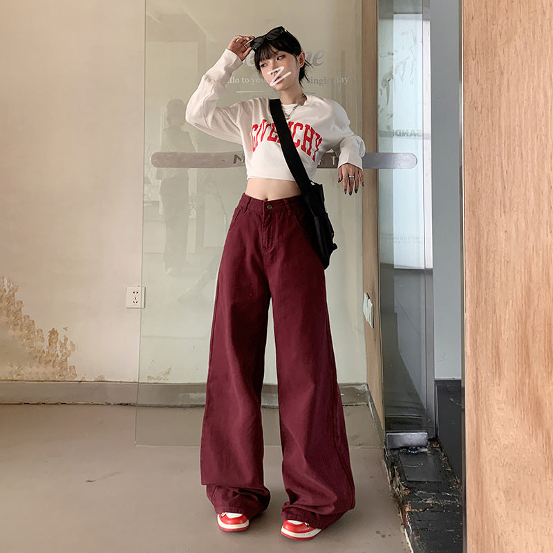 American Style Retro Wide-Leg Pants Autumn 2024 Black Gray Loose Drooping Mopping High Waist Straight Jeans Women's High Street