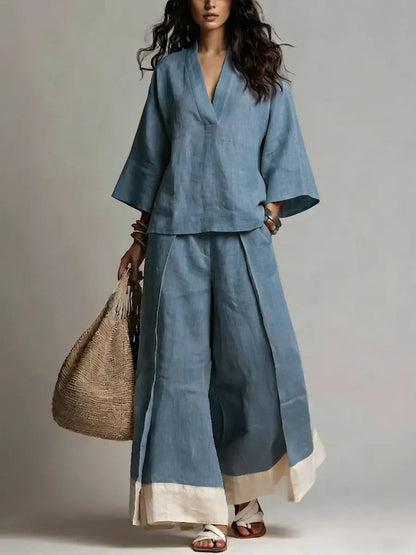 Annie's Fashion Women's Cotton-Linen V-Neck Three-Quarter Sleeve Shirt and Wide-Leg Pants Set