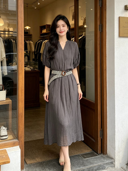 V-Neck Puff Sleeve Loose Flowy Maxi Dress with Woven Belt Included Crinkle Texture Elegant Casual Summer Dress White Dark Grey