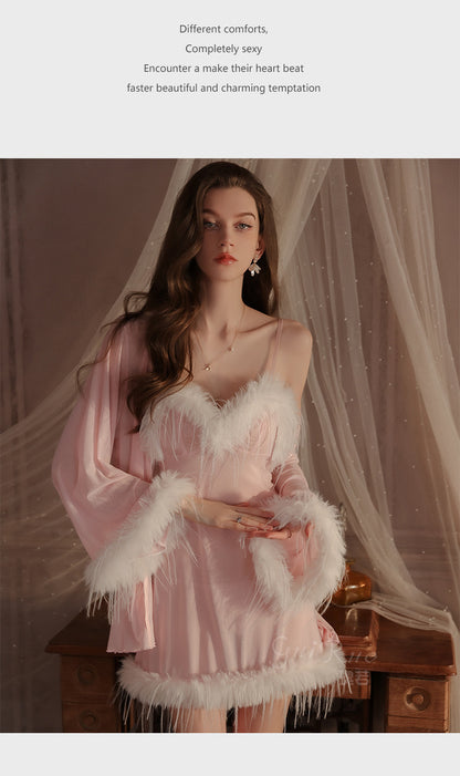 Womens Sexy 3 Piece Fuzzy Lingerie Set Transparent Tulle Nightshirt With Robe and G-String