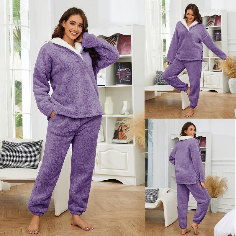 XiaRan Women's Fluzzy Sherpa Fleece Pajamas Warm Pullover Lapel Sleepwear Sets