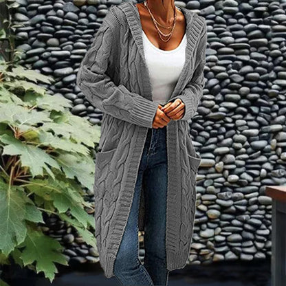 Women's Pocket Drop Shoulder Cardigan, Hooded Long Sleeve Warm Top, Casual Textured Knit Open Front Cable Outwear, Sweaters for Women