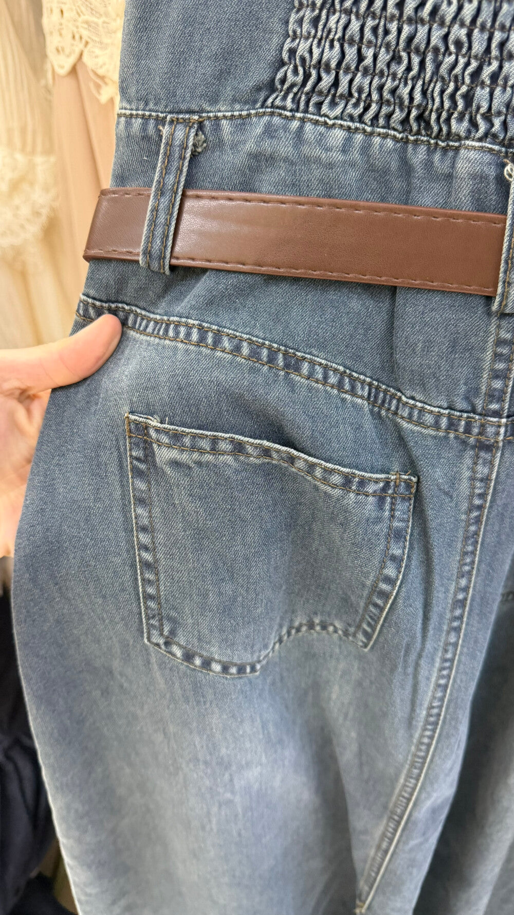 Women's Dark Blue Washed Denim Spaghetti Strap Square Neck Belted Midi Dress Gold Button Front Slit Side Pockets with Free Belt S M L MiniHey HH - Seldom Seen Styles
